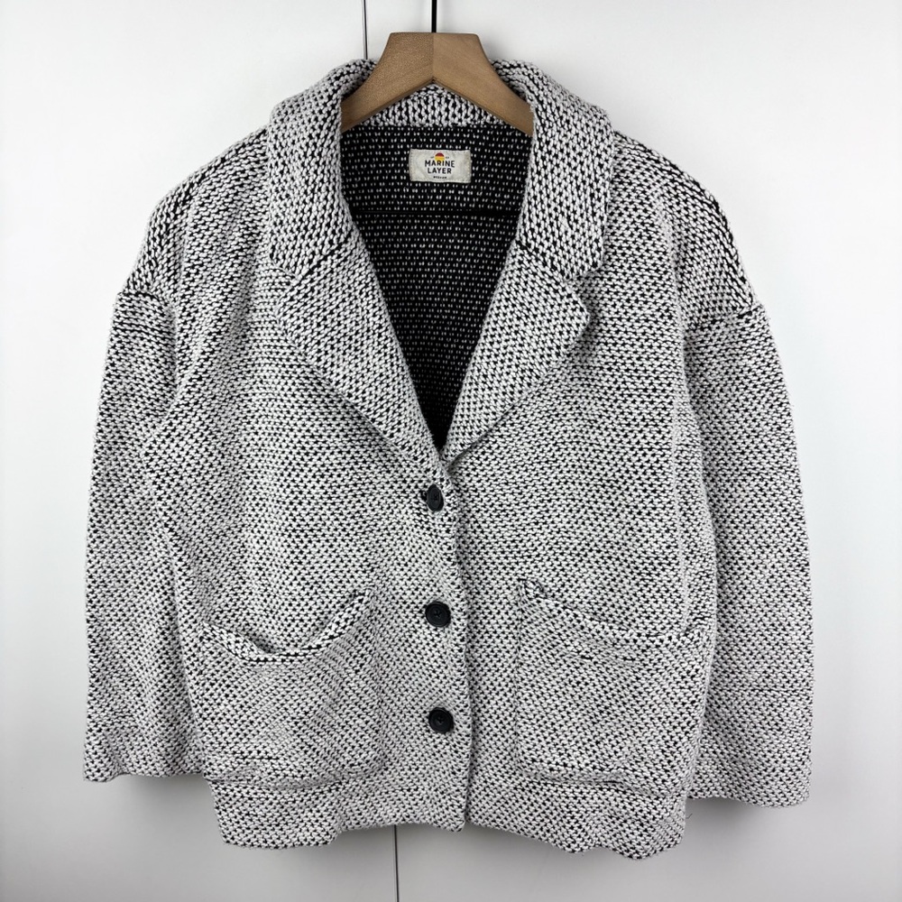Marine Layer Birdseye Blazer Cardigan Sweater Knit Jacket White Black Medium - Picture 2 of 8